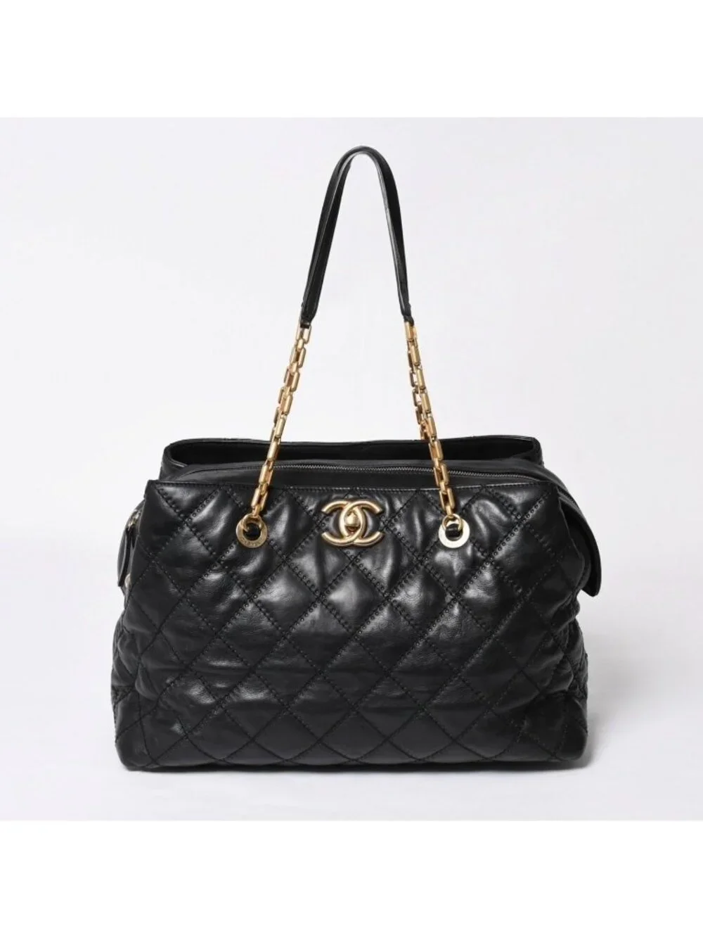 Chanel Chain Tote Bag CC Logo Quilted Leather Black Gold